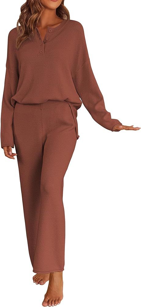 Ekouaer Pajamas Set Women Long Sleeve 2 Piece Outfits Knit Sweater Slouchy Button Sleepwear Sets ... | Amazon (US)