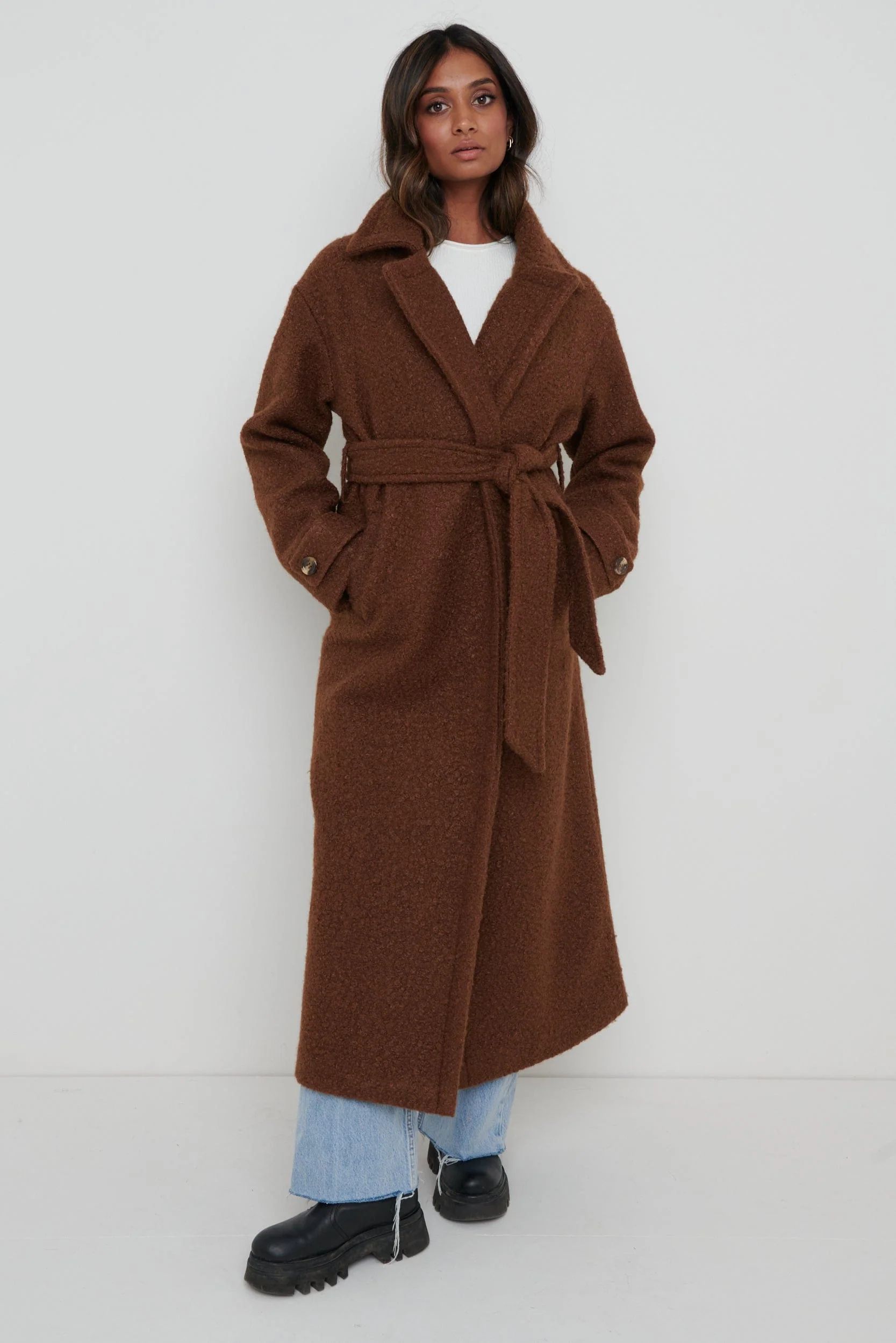 Grayson Boucle Oversized Coat - Brown | Pretty Lavish (UK)