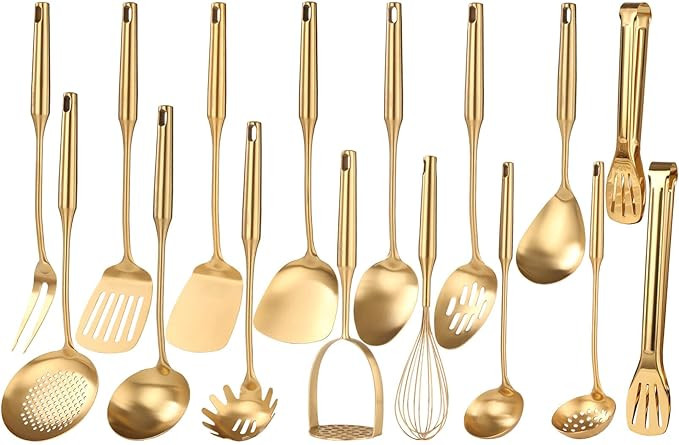 Gold Cooking Utensils Set - 18/10 Stainless Steel Small and Large Spoons Set, 16 PCS All Metal Ki... | Amazon (US)