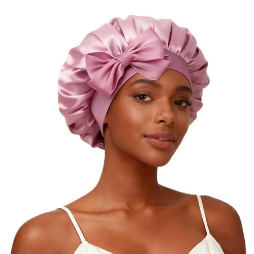 KEXINKE Hair Bonnet for Women - Blush Pink Charmeuse Sleep Bonnet with Bow, One Size Fits All Charmeuse Bonnet for Curly Natural Long Hair | Amazon (US)