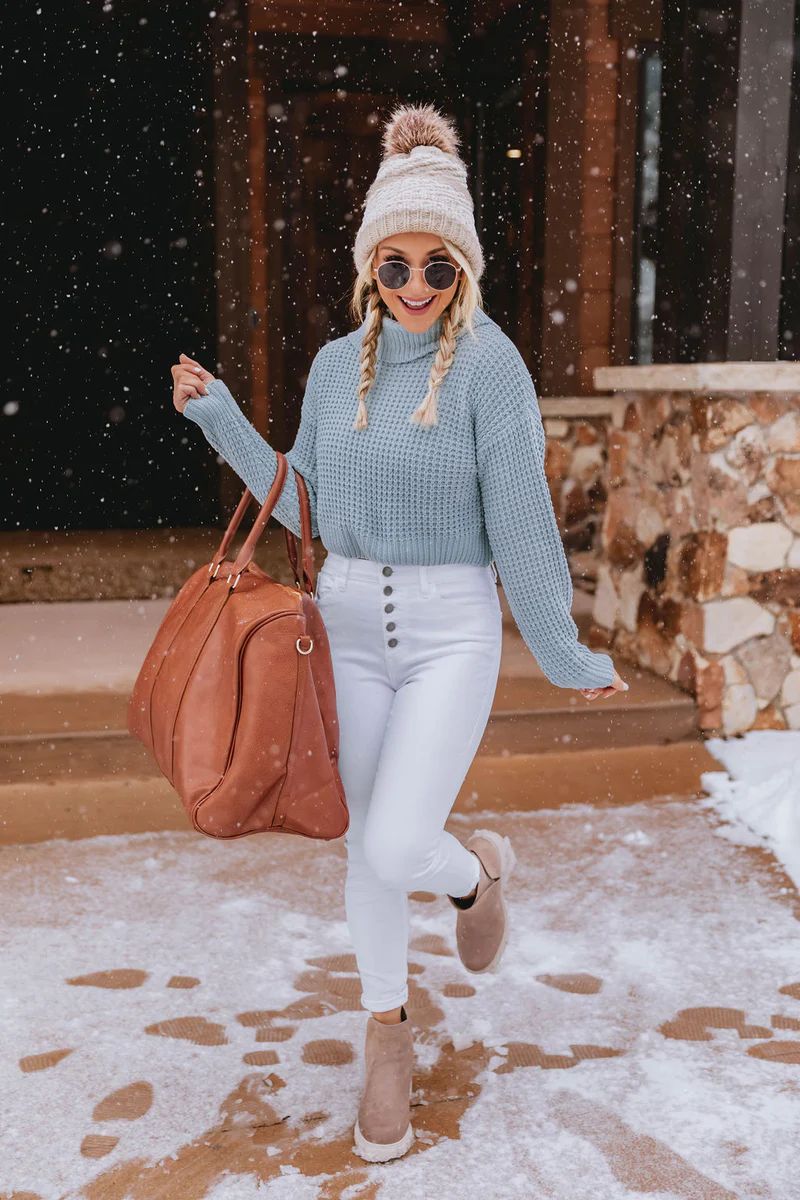 Repeat This Song Blue Chenille Crop Turtleneck Sweater | The Pink Lily Boutique