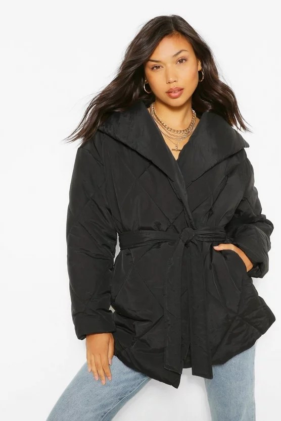 Wrap Detail Belted Duvet Puffer Jacket | Boohoo.com (US & CA)