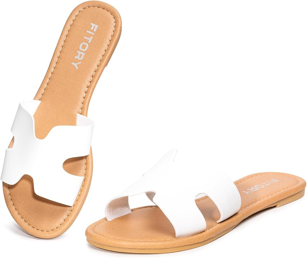FITORY Women's Comfortable Dressy Leather Flat Sandals - Stylish & Beautiful Summer Slides Size 6... | Amazon (US)