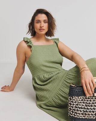 Khaki Textured Jersey Tiered Smock Dress With Frill Strap | Simply Be | Simply Be (UK)