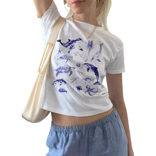 Y2k Graphic Baby Tees Women Teen Girl Fruit Print Crop Top Short Sleeve Slim Fit Vintage Aestheti... | Amazon (US)