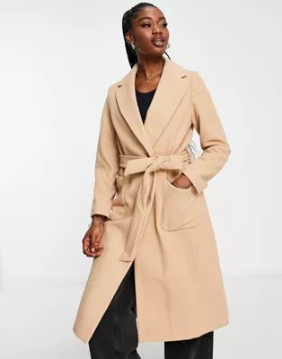 New Look belted tailored coat in dark camel | ASOS (Global)
