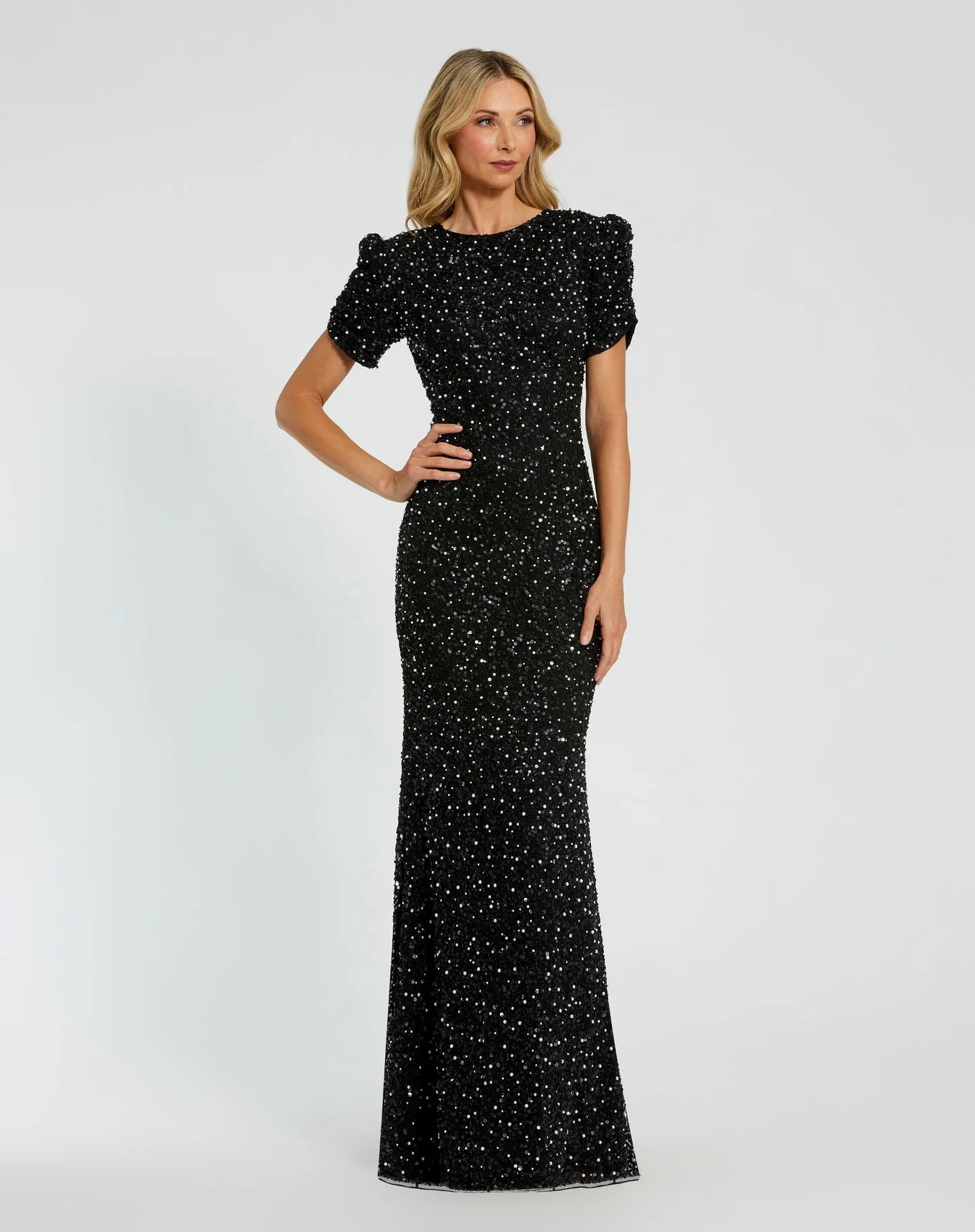 Black Gathered Short Sleeve Beaded Gown - Mac Duggal | Mac Duggal