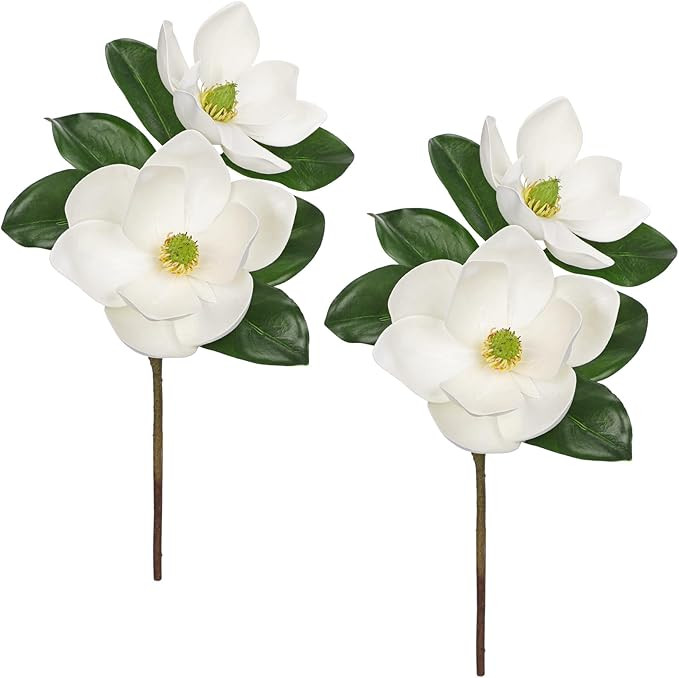 Artificial Magnolia Flower Stems Set of 2 – 19.6” Faux White Magnolia Picks with Large Blooms... | Amazon (US)