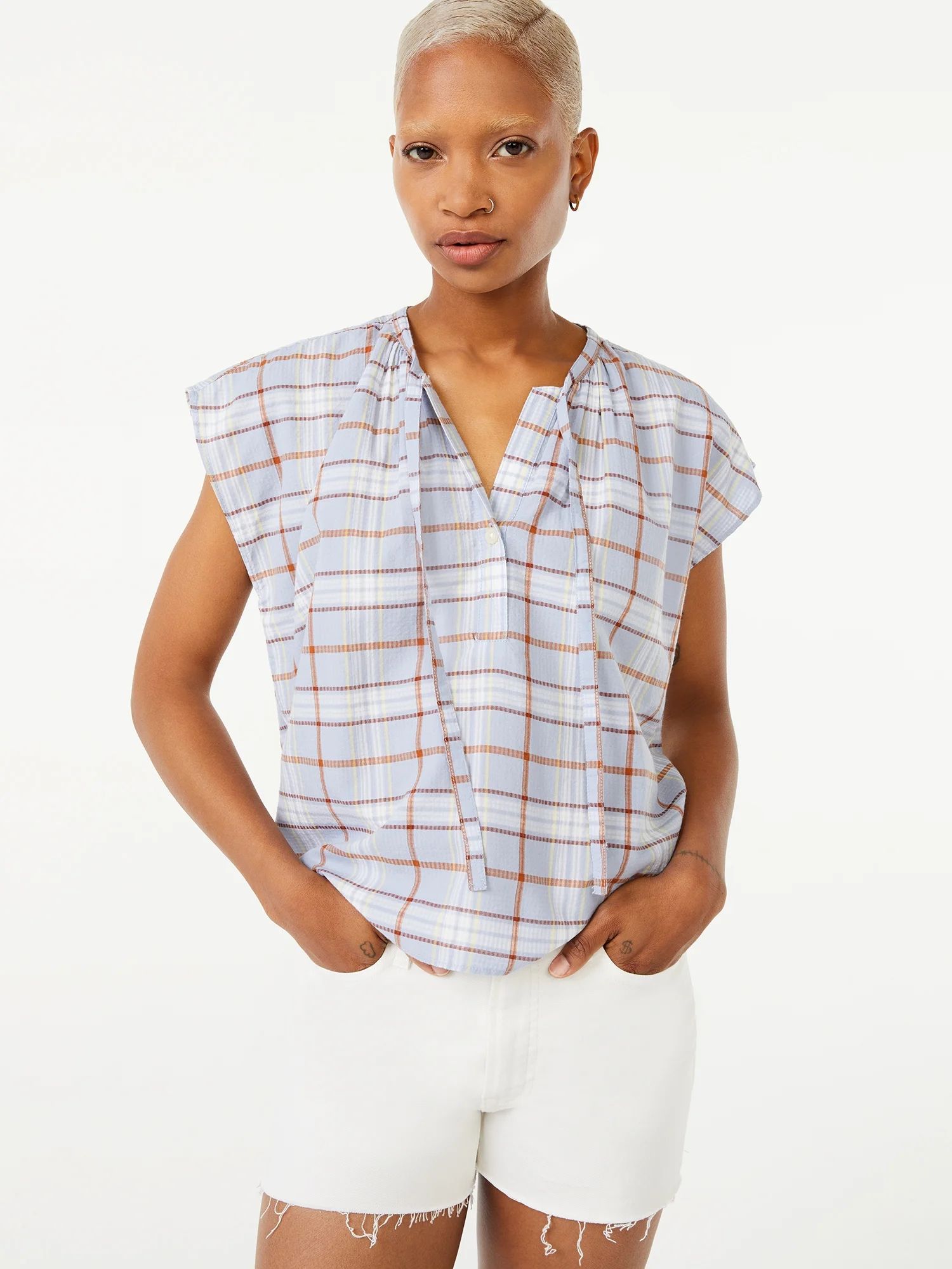 Free Assembly Women's Tie Neck Shirred Top | Walmart (US)