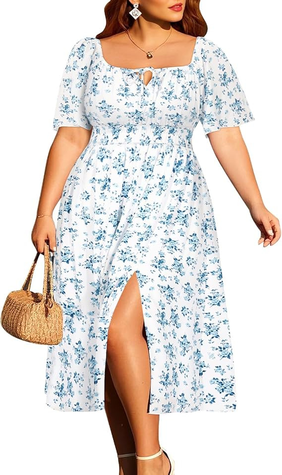 Plus Size Summer Dress 2025 - Milkmaid Sundress Boho Floral Casual Beach Wedding Midi Dresses | Amazon (US)