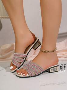 Women's Gold Foil Luxury Style Rhinestone Criss-Cross Strap Slide Sandals, Party Spring/Summer Sq... | SHEIN