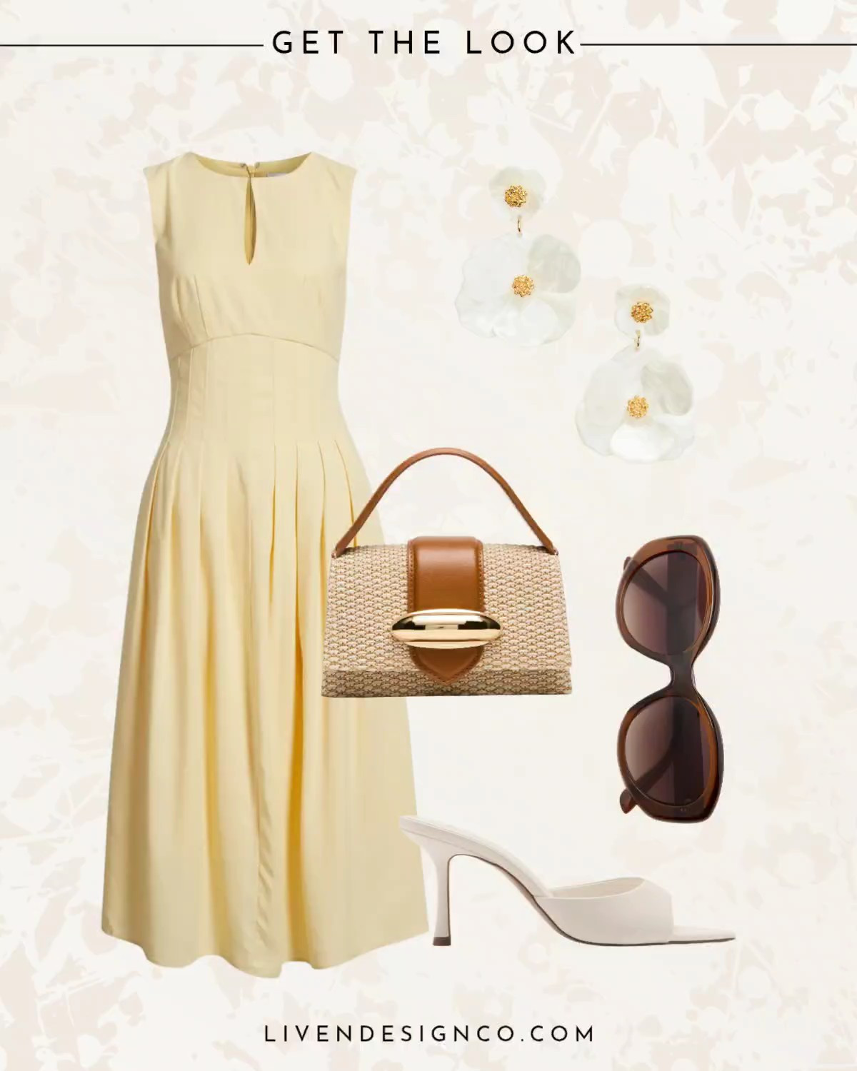 Easter Sunday style. Style inspiration. Spring style. Yellow midi dress. White heels. Sunglasses. Raffia leather handbag. Mini bag. Flower earrings. Statement earrings. 

#LTKSpringSale #LTKSeasonal #LTKSaleAlert