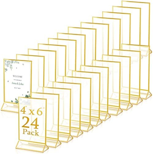 24 Pack Clear Acrylic Double Sided Frames Display Holder Gold Frames Acrylic Signs with Stand 2mm... | Amazon (US)