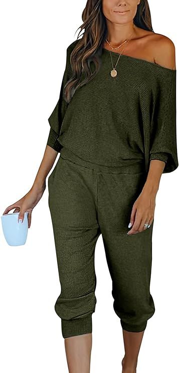 PRETTYGARDEN Women's 2 Piece Ribbed Tracksuit Outfits Off Shoulder Long Sleeve Pullover Lounge Pa... | Amazon (US)