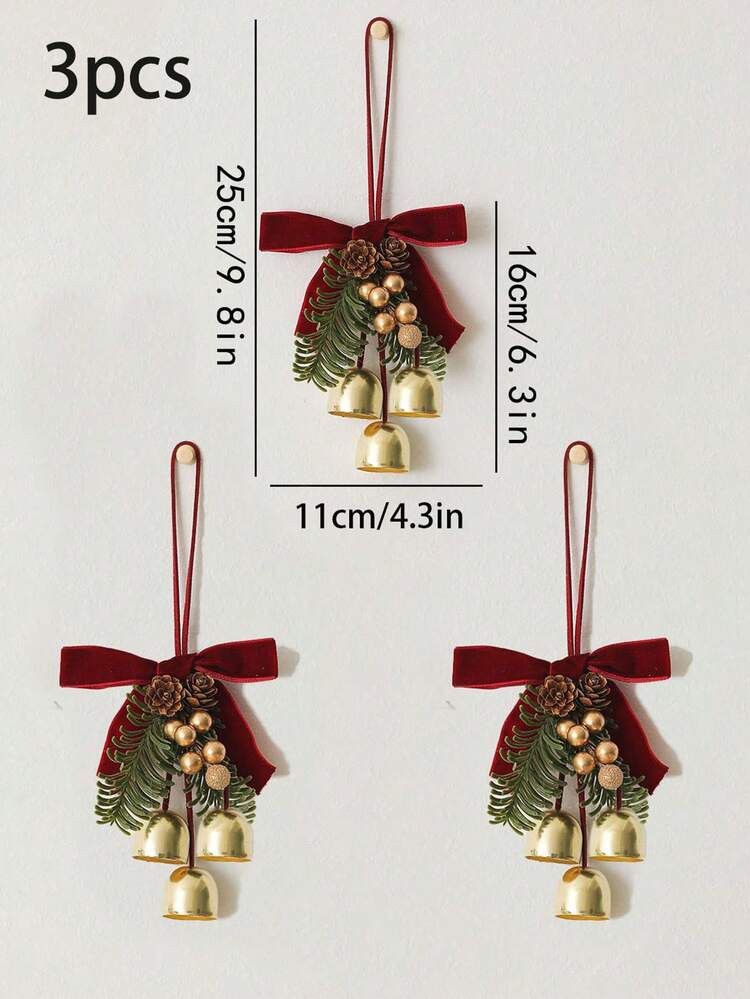 3pcs 16cm*11cm Christmas Ornaments With Small Bells, Velvet Bows And Pine Cones, Scene Decorations, Christmas Tree Decoration Accessories, Small Ornaments, Suitable For Christmas Decoration, Holiday Decoration, Home Decoration Bedroom Decorations Fall Decor Christmas Decorations | SHEIN