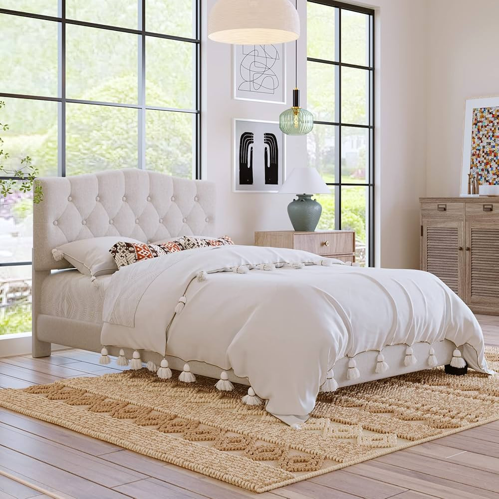 Merax Linen Curved Upholstered Full Size Platform Bed with Diamond Tufted/Wood Bed Frame/Wood Sla... | Amazon (US)