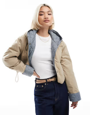 ASOS DESIGN hooded cropped jacket with gingham lining in oatmeal | ASOS (Global)