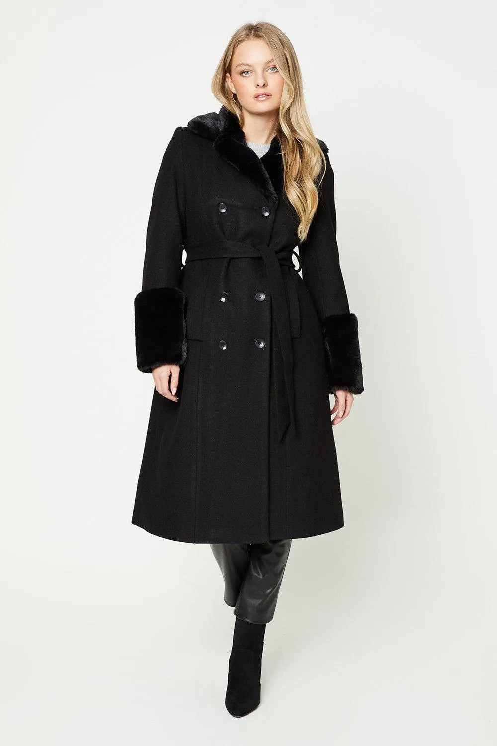 Jackets & Coats | Fur Collar Double Breasted Coat | Oasis | Debenhams UK