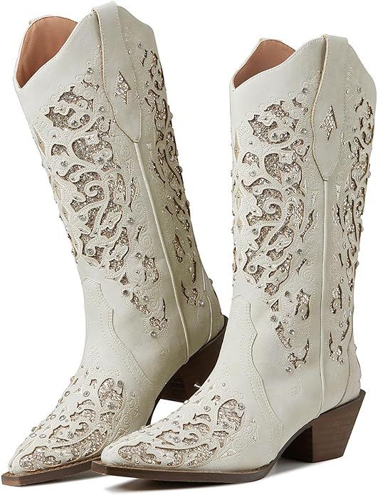 mikarka Inlay Glitter Cowgirl Cowboy Boots for Women Embroidered Pointed Toe Sparkly Rhinestone W... | Amazon (US)
