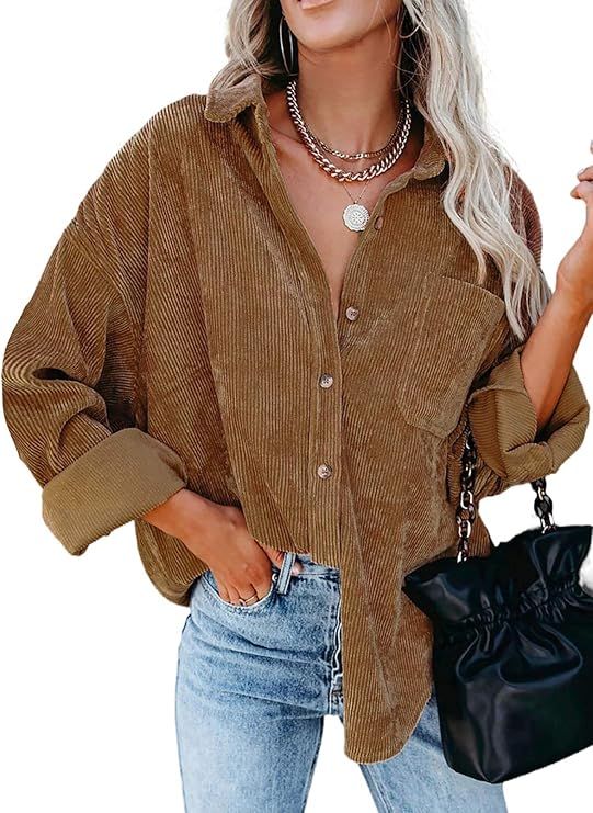 Women Corduroy Button Down Shacket Casual Shirt Jacket Long Sleeve Boyfriend Blouses Tops | Amazon (US)