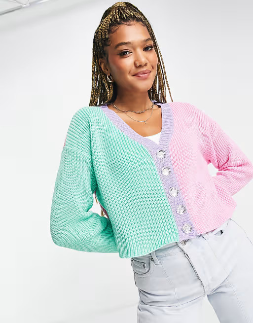 Daisy Street relaxed boxy cardigan in color block with gem buttons | ASOS (Global)