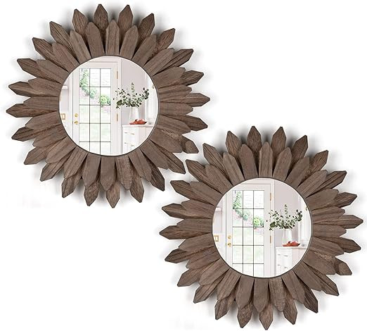 Honiway Boho Wall Decor Mirror 12 inch 2 Pack Wall Mirrors Decorative with Rustic Wood Sunburst F... | Amazon (US)