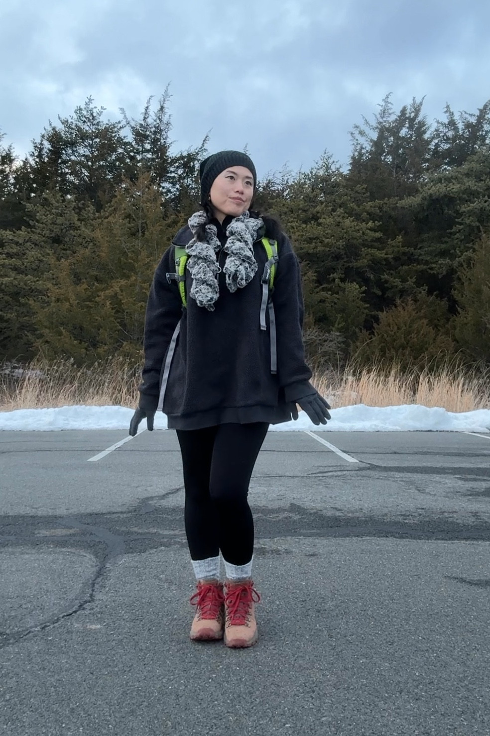 early morning hiking outfit! Oversized half zip up jacket, fleece lined leggings, Danner hiking boots, winter hat, winter gloves, hiking backpack

#LTKstyletip #LTKActive #LTKVideo