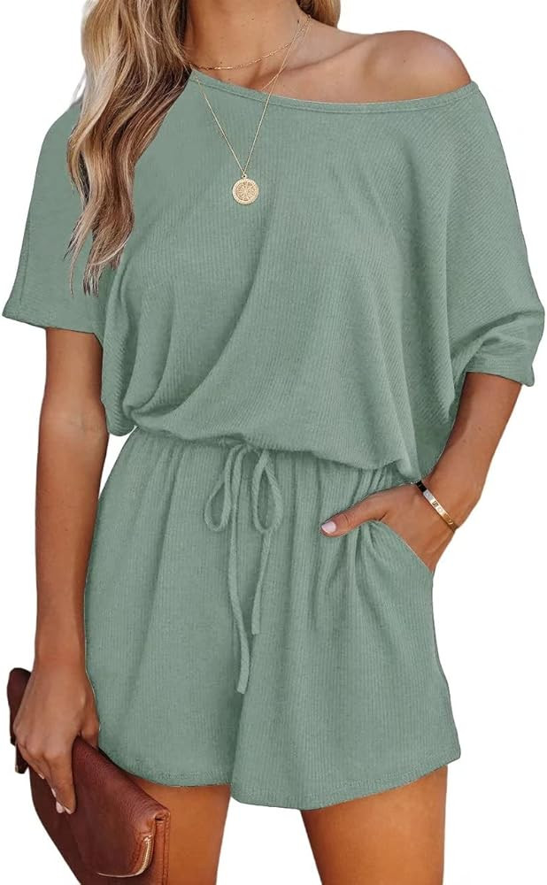 Lacozy Women Jumpsuits One Piece Rompers Summer Boat Neck Off Shoulder Short Sleeve Jumpsuit with Po | Amazon (US)