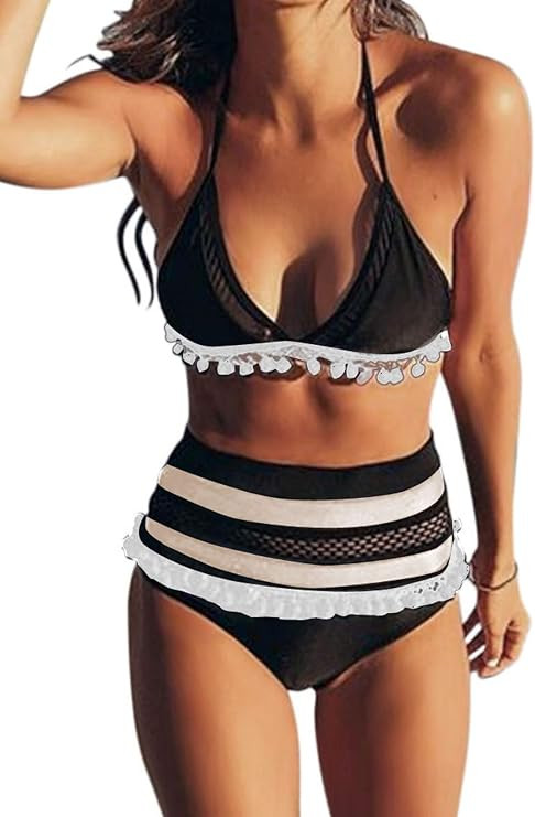 Dokotoo Womens High Waist Two Pieces Bikini Set Striped Tassel Swimsuit | Amazon (US)