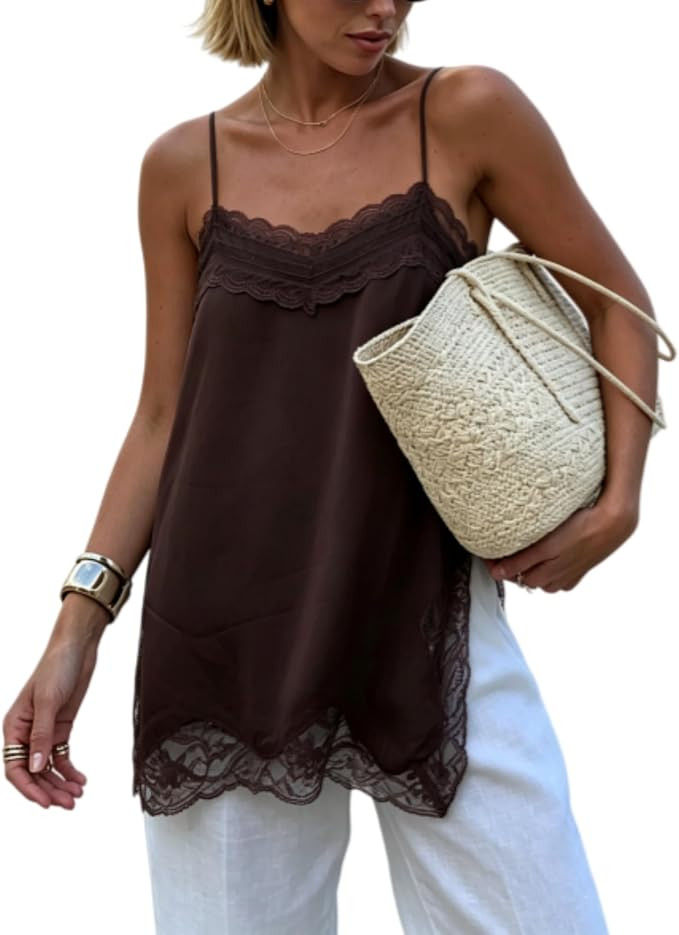 Women Y2k Chiffon Lace Trim Cami Tops Spaghetti Strap V-Neck Side Split Camisoles Cute Summer Shi... | Amazon (US)