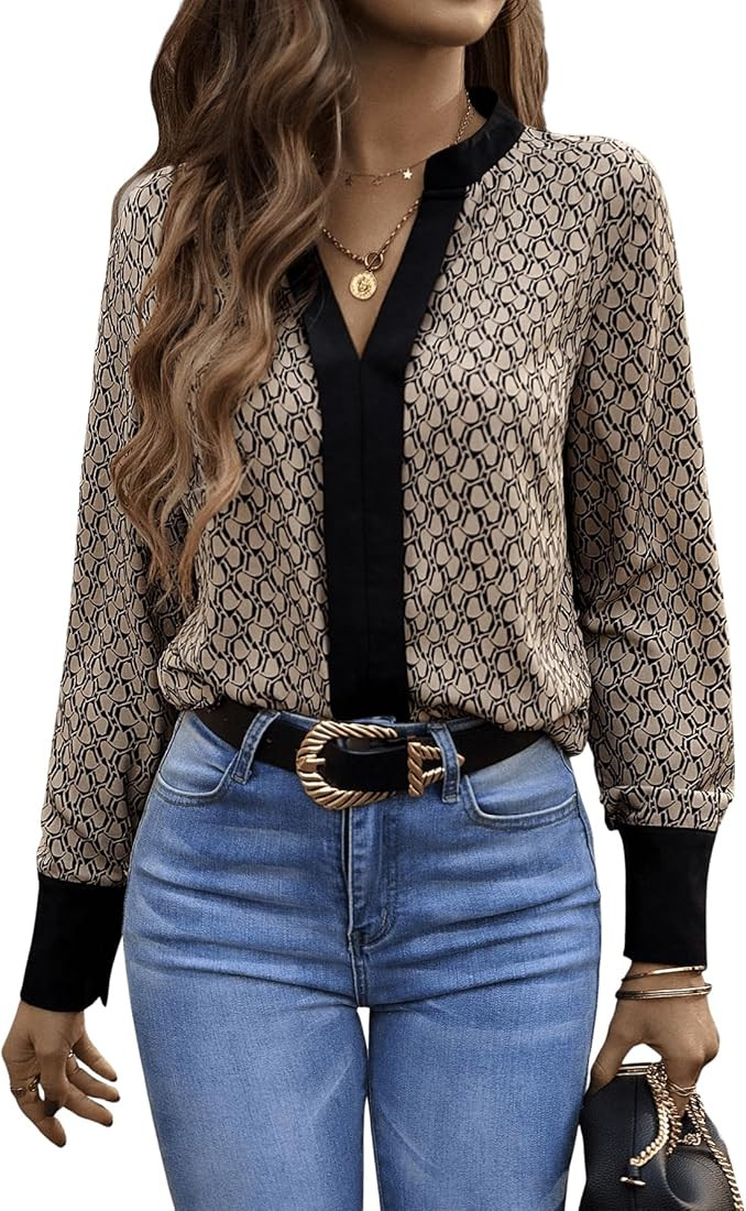 SweatyRocks Women's Long Sleeve Print Blouse Notched Contrast Collar Blouse Shirt | Amazon (US)