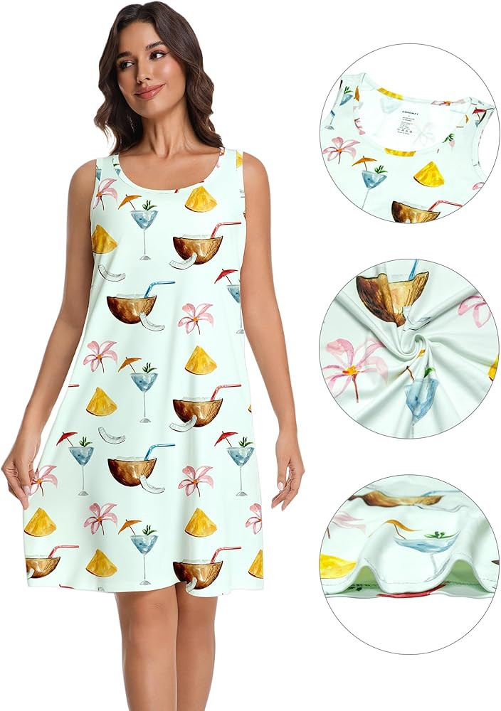 2 Pack Nightgowns for Women Sleeveless Night Gown Tank Sleep Shirt Round Neck Sleepwear Print Paj... | Amazon (US)
