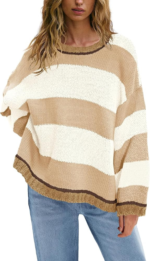 Nirovien Womens Oversized Sweater Colorblock Striped Sweater Chunky Cable Knit Crewneck Pullover ... | Amazon (US)
