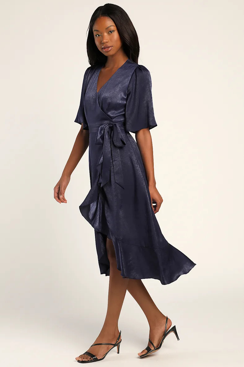 Wrapped Up In Love Navy Blue Satin Faux-Wrap Midi Dress | Lulus (US)