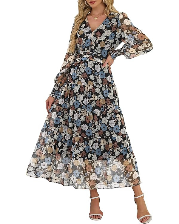 ANRABESS Womens Floral Long Sleeve Maxi Dress V Neck Chiffon Flowy Boho A-Line 2025 Fall Wedding ... | Amazon (US)