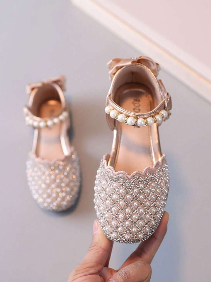 Girls' Pearl & Rhinestone & Bowknot Decor Ankle Strap Flat Shoes | SHEIN USA | SHEIN