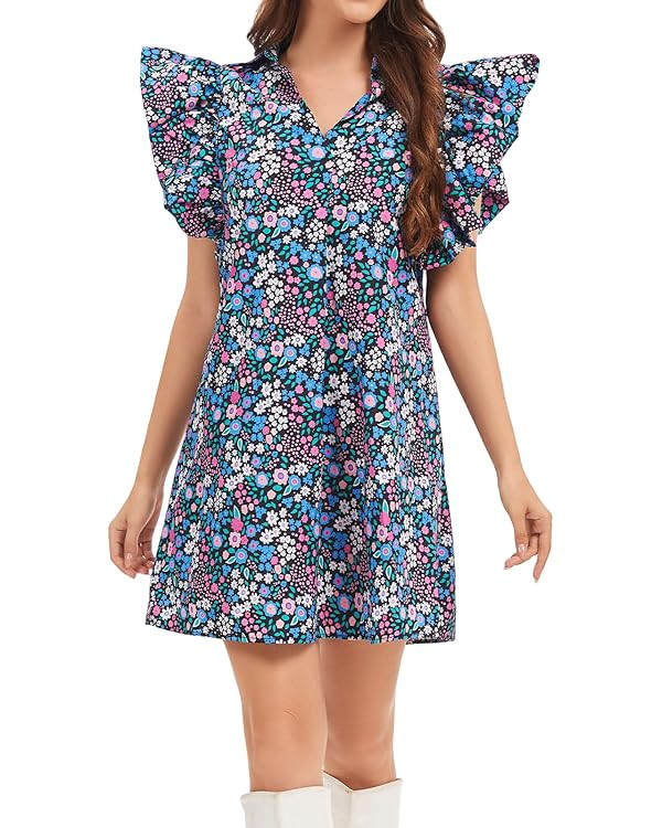 hibshaby Women's Floral Babydoll Mini Dress V-Neck Ruffle Sleeve Cute Dress Sundress | Amazon (US)