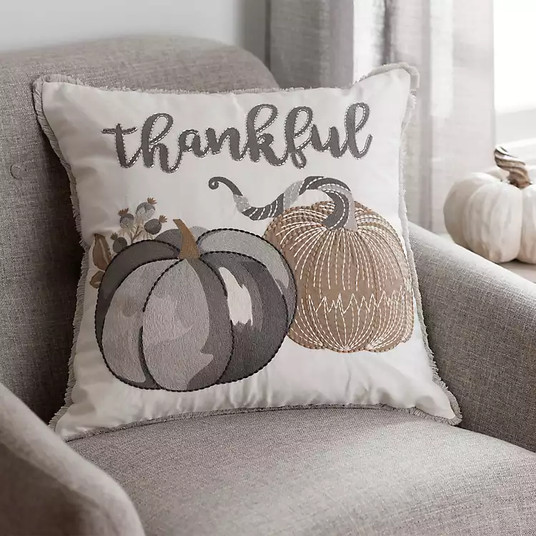 Gray and Tan Thankful Pumpkins Pillow