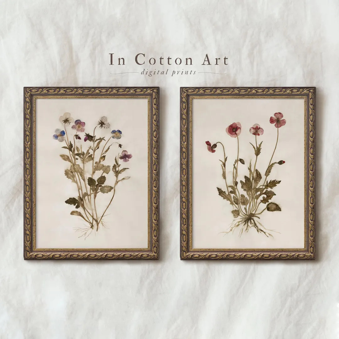 Botanical Pressed Flower Wall Art Set of 2, Vintage Wildflower Printable Download, French Cottage... | Etsy (US)