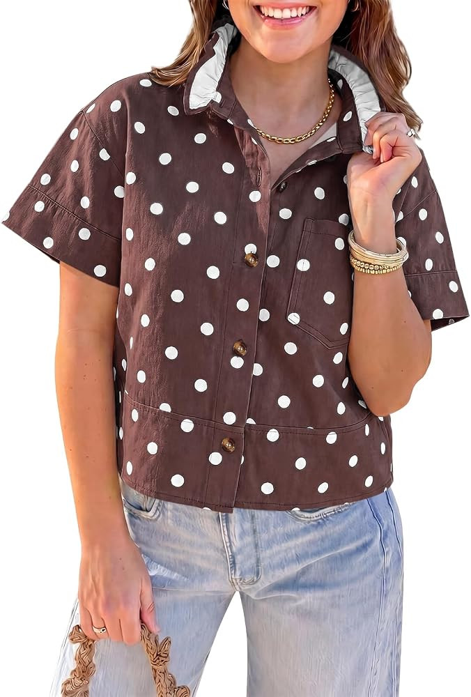 Tankaneo Womens Polka Dot Button Down Denim Shirts Summer Short Sleeve Cropped Tops Dressy Casual... | Amazon (US)
