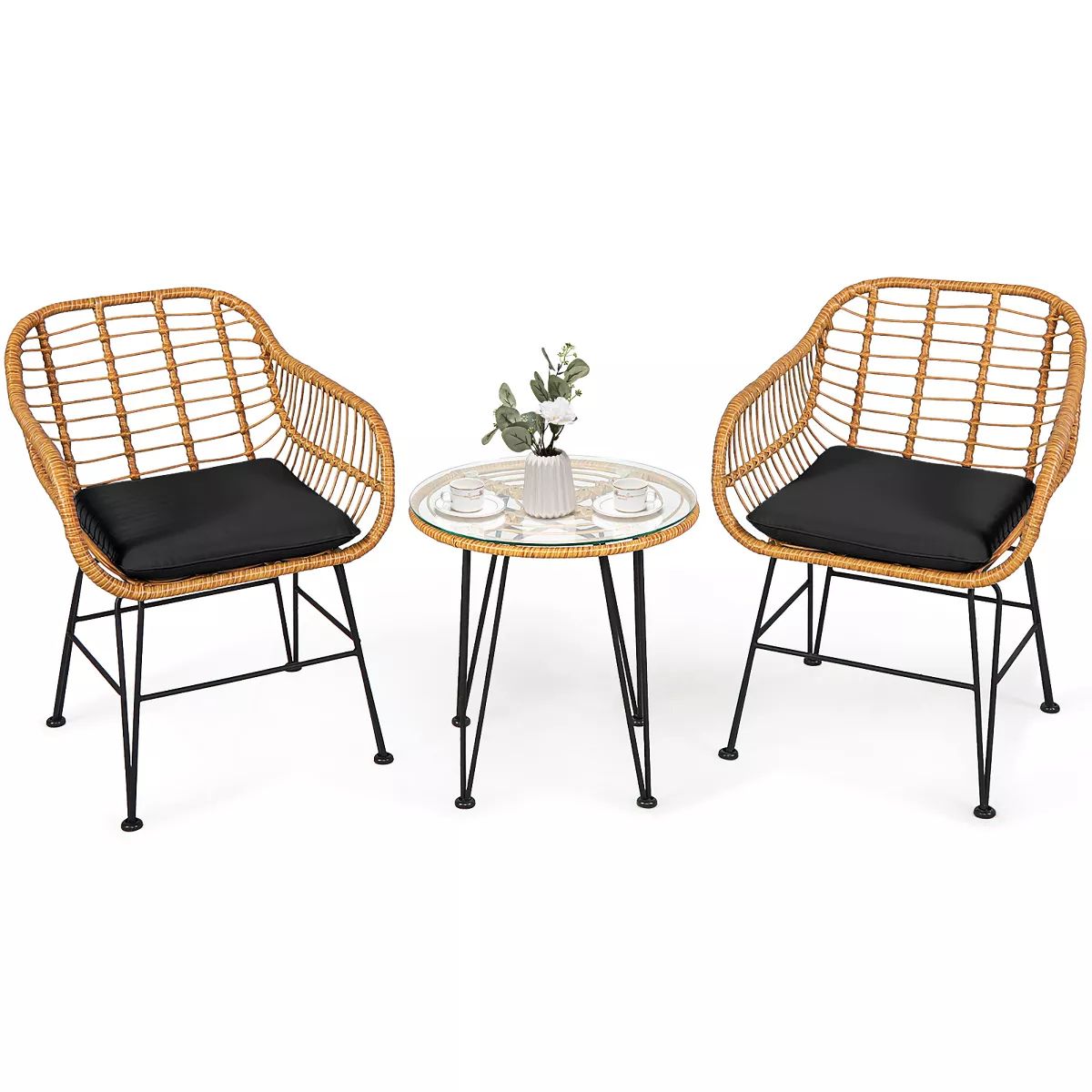 Costway 3PCS Patio Rattan Bistro Furniture Set Cushioned Chair Table Black | Target