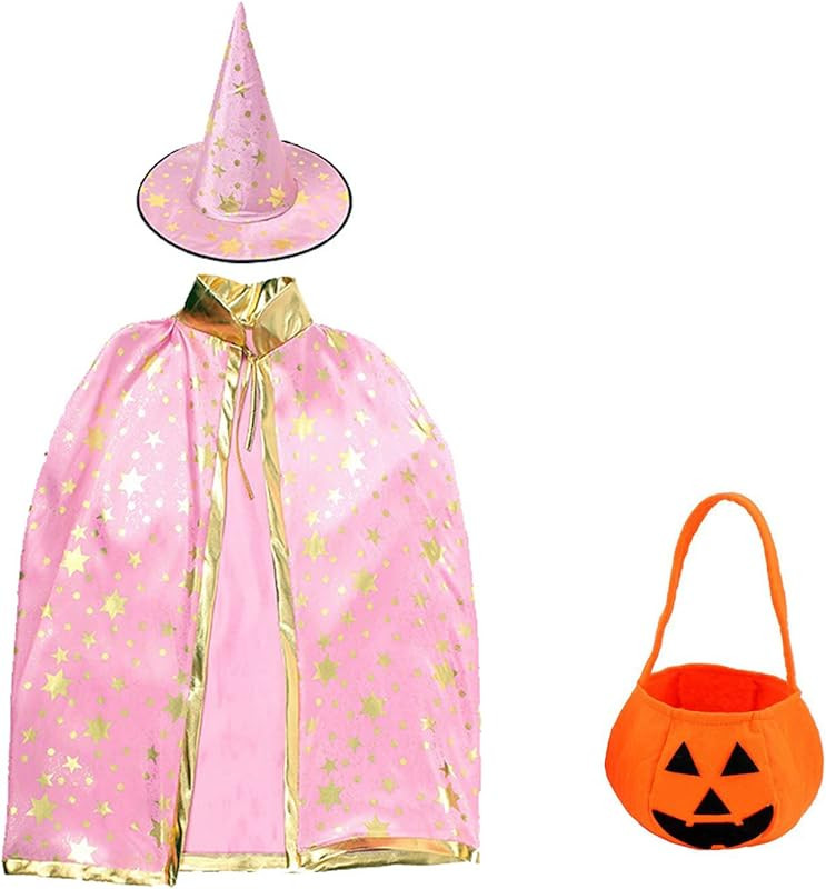 Halloween Costume Wizard Cape Witch Cloak with Hat and Pumpkin Candy Bag, Performance Cosplay Costum | Amazon (US)