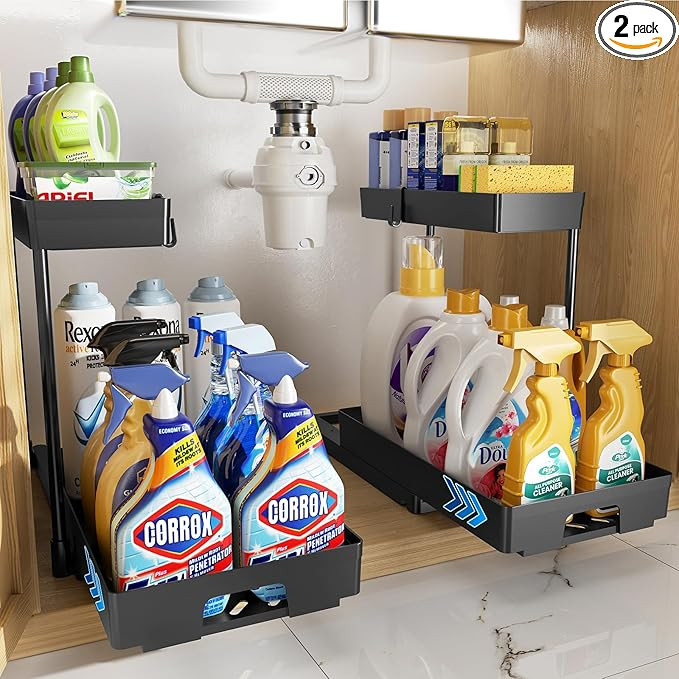 Delamu 2 Pack Under Sink Organizers and Storage, 2 Tier Pull Out Bathroom Cabinet Organizer, L-Sh... | Amazon (US)