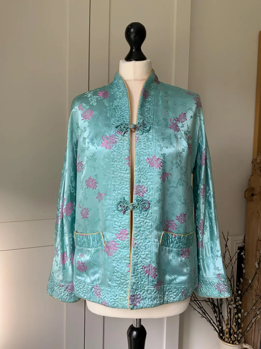 Vintage Chinese Silky Satin Brocade Reversible Padded Evening Jacket Turquoise Peachy Pink Frog C... | Etsy (US)