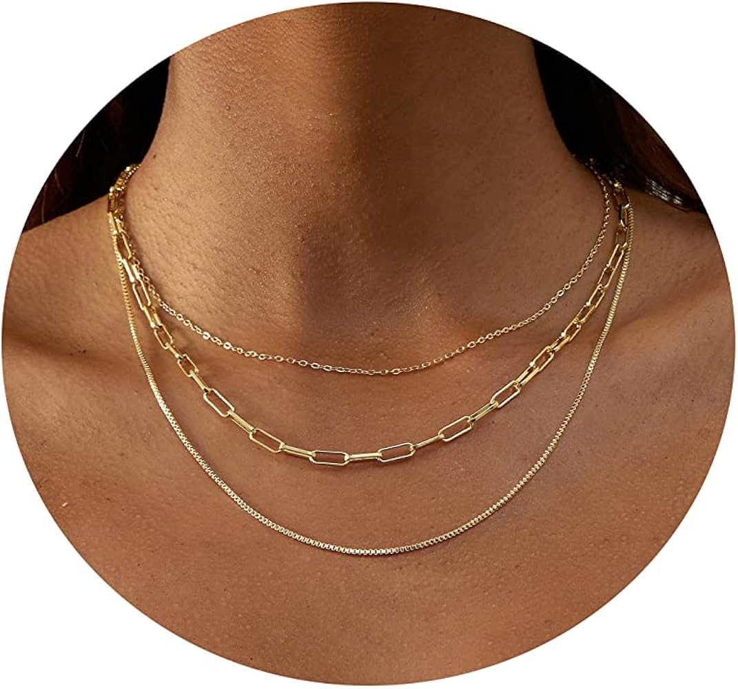 Tasiso 14K Gold Filled Herringbone Choker Necklace Set Double Layer Snake Chain Herringbone Chain... | Amazon (US)