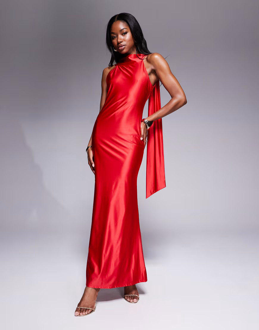 Rare London high shine satin open back scarf detail maxi dress in red | ASOS (Global)