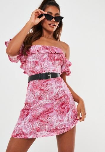 Pink Paisley Bardot Frill Skater Dress | Missguided (US & CA)