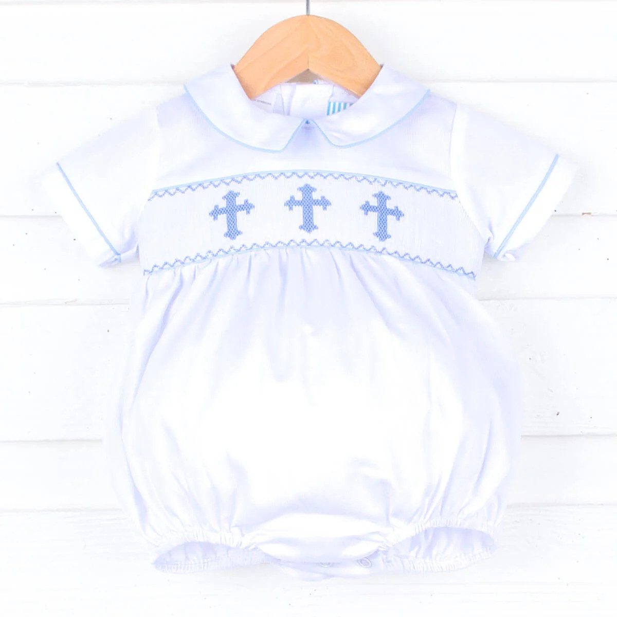 Smocked Blue Cross White Boy Bubble | Classic Whimsy