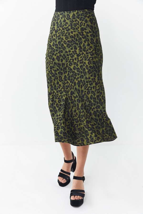 UO Leopard Print Satin Midi Skirt | Urban Outfitters (US and RoW)