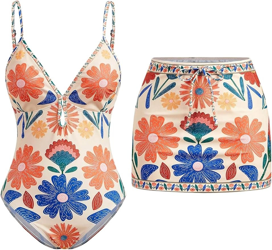 SHENHE Women's Boho One Piece Swimsuit with Cover Up Skirt Tummy Control Floral Beach Bathing Sui... | Amazon (US)